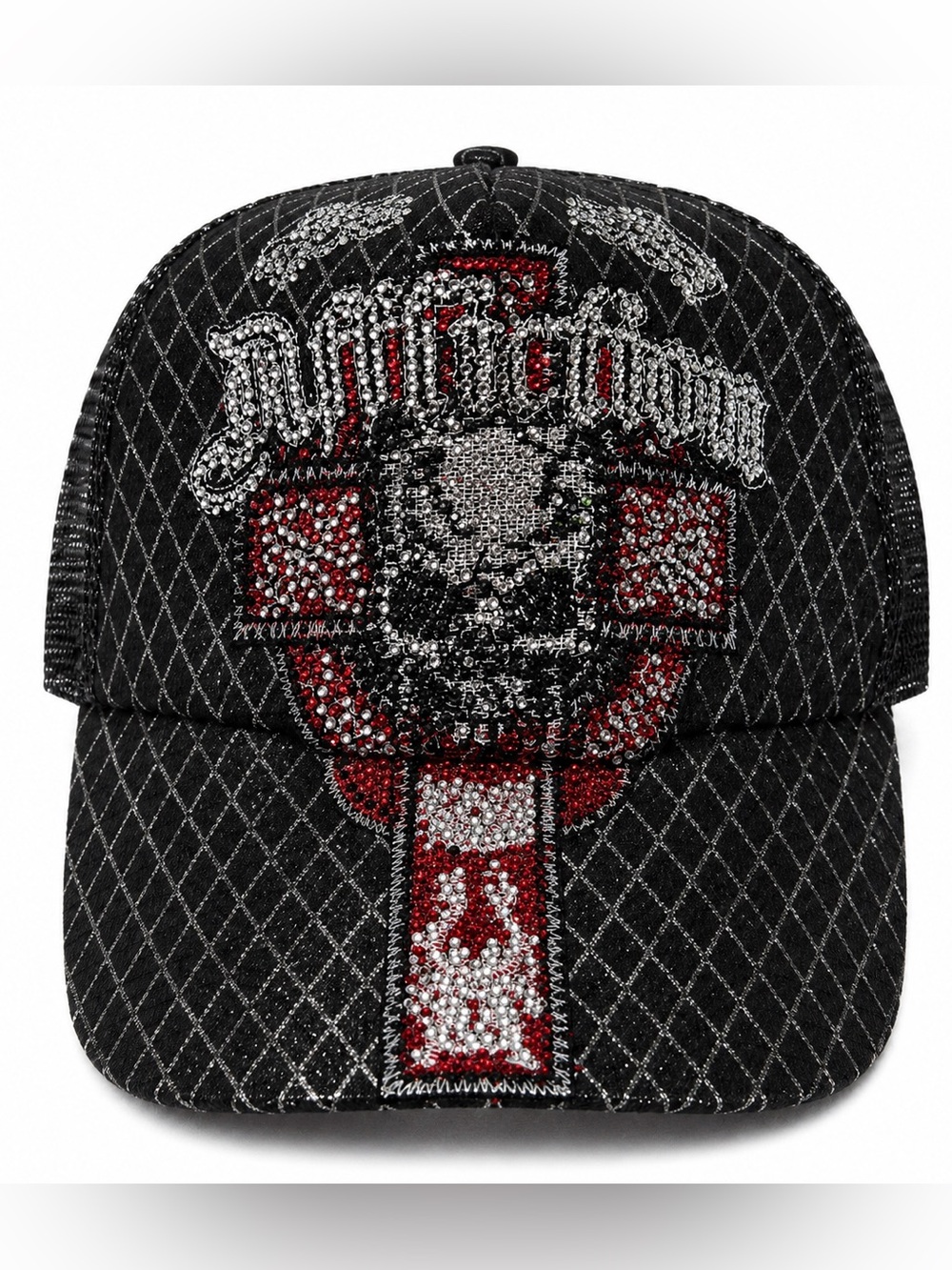Seventy Seven Rhinestone Skull Trucker Hat Y2K McBling Goth Snapback affliction